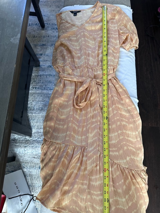 Simply Vera Wang Peach Tie Dye Midi Dress Size Large Boho Puff Sleeve Belted - Picture 7 of 11